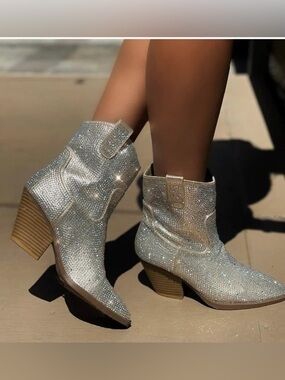 Silver Crystal Embellished Western concert Ankle Boots - Women